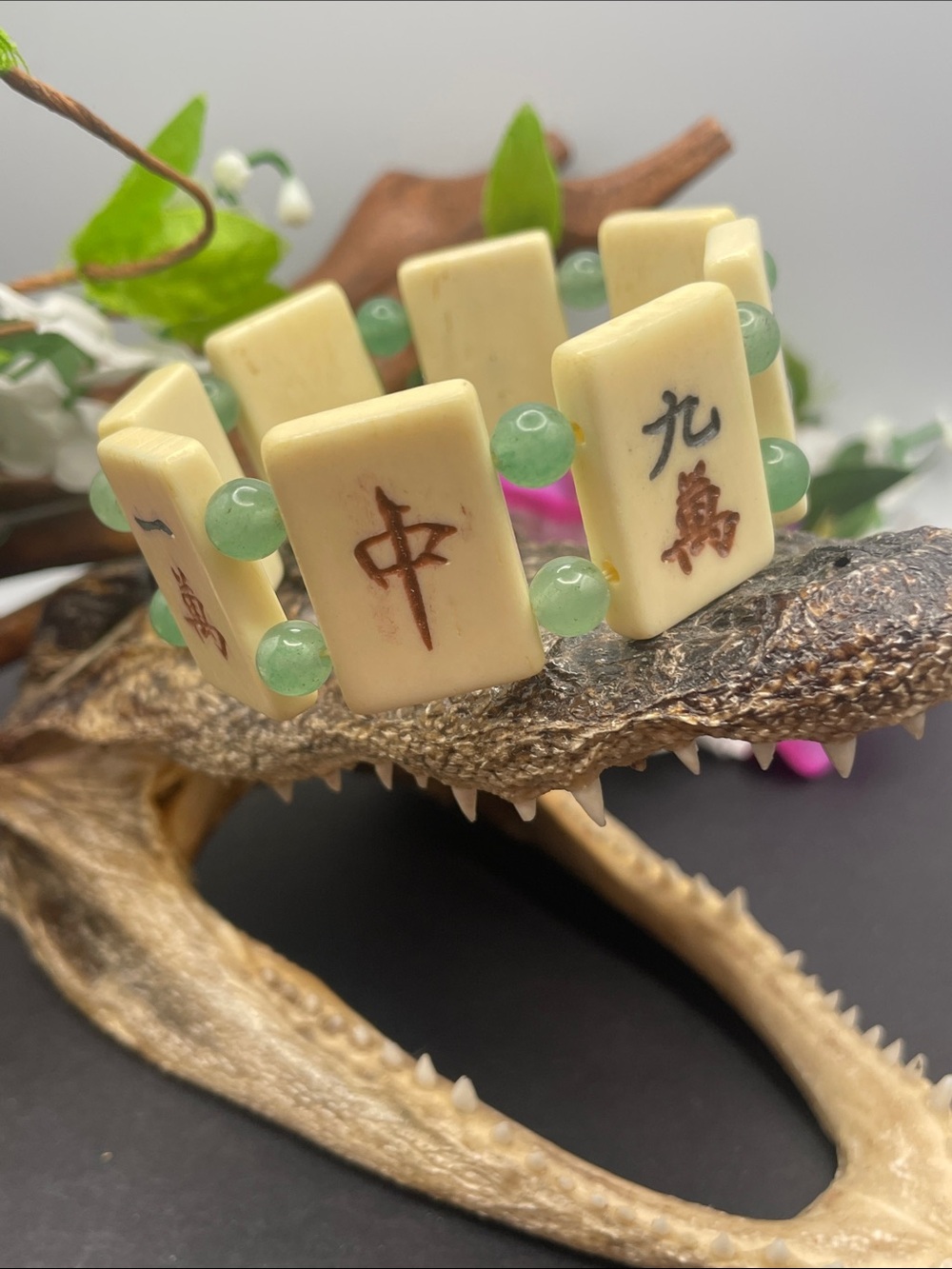 Mahjong bone tile and nephrite stretch bracelet size 7